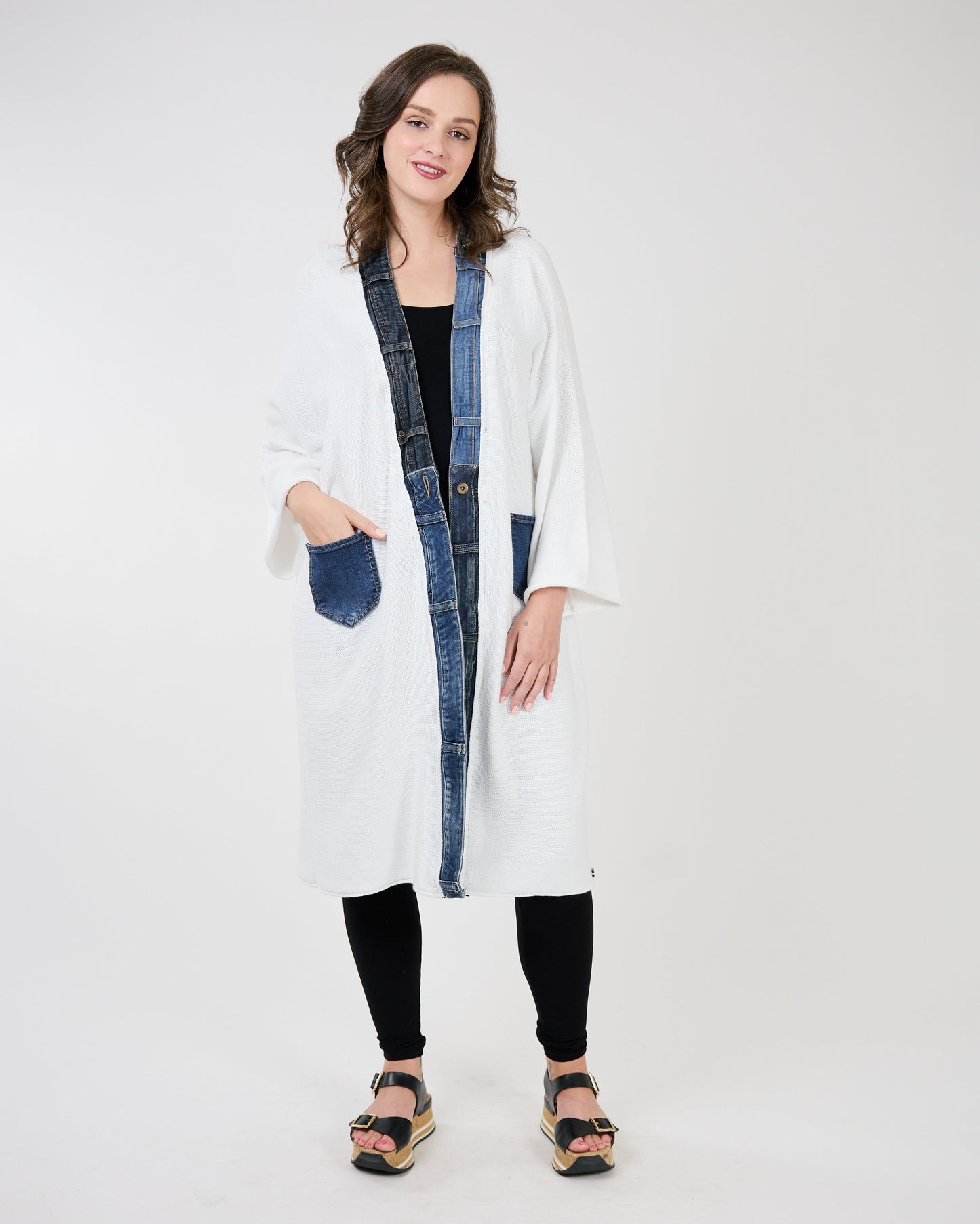 Evelina Cardigan in White Up-cycled Denim and Yarn by Shannon Passero