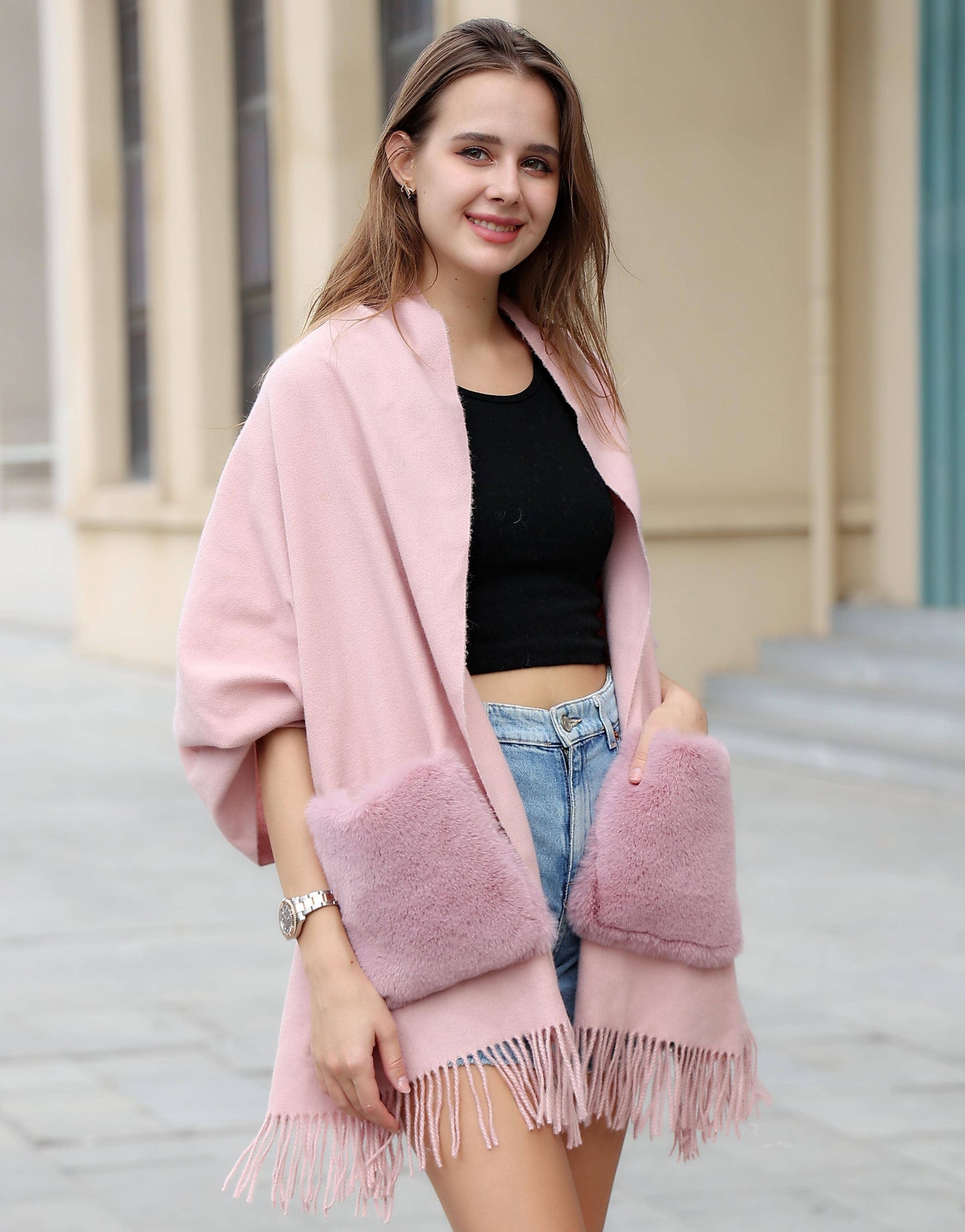 Cashmere Blend Scarf/Shawl with Fur Pockets