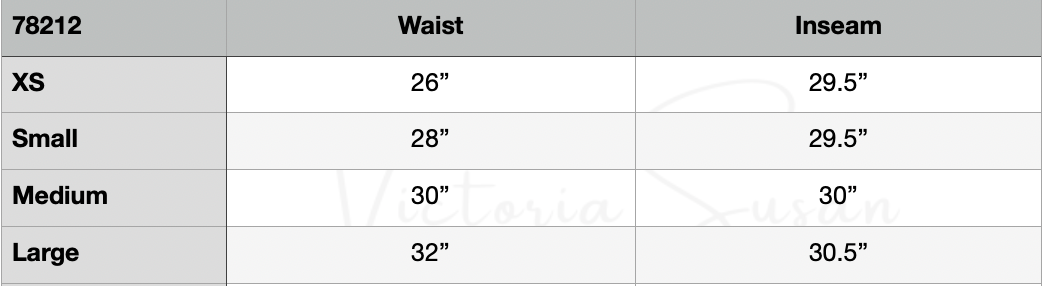 Table showing waist and inseam measurements for clothing sizes XS, Small, Medium, and Large. Shop womens clothing at Victoria Susan in Camden sc
