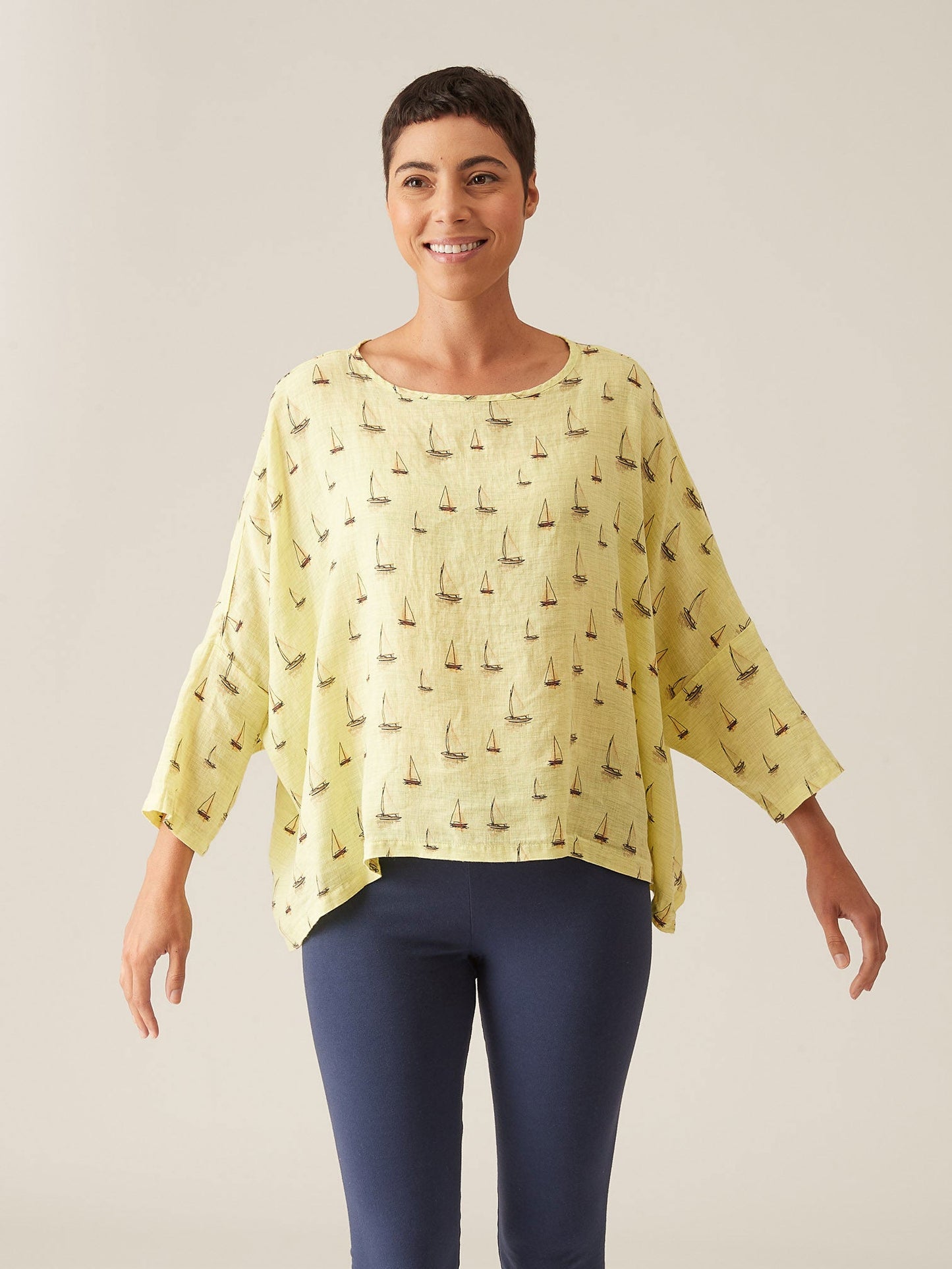Sailboats Shirt. Linen Shirt from Cut-Loose. Made in the USA Clothing. Victoria Susan Wearable art is a women's clothing boutique in Camden SC.