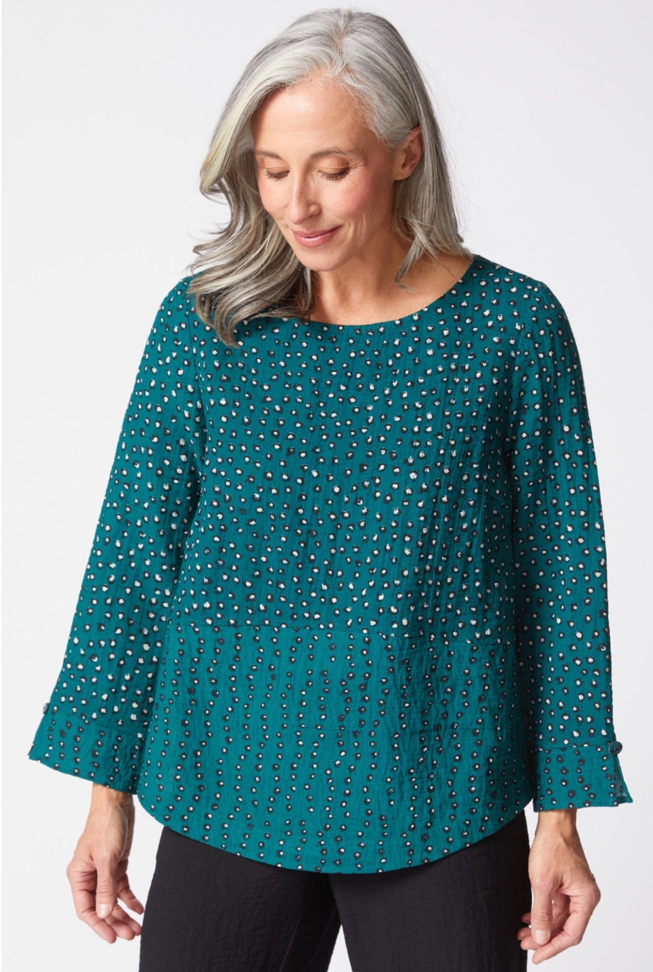 Woman wearing a teal blouse with a subtle pattern on a white background Habitat designs for real women leading real lives. We prioritize comfort, fit and detail to create unique, modern looks that complement your body and sense of self.
Victoria Susan Wearable Art is a clothing boutique for women in Downtown Camden SC. 