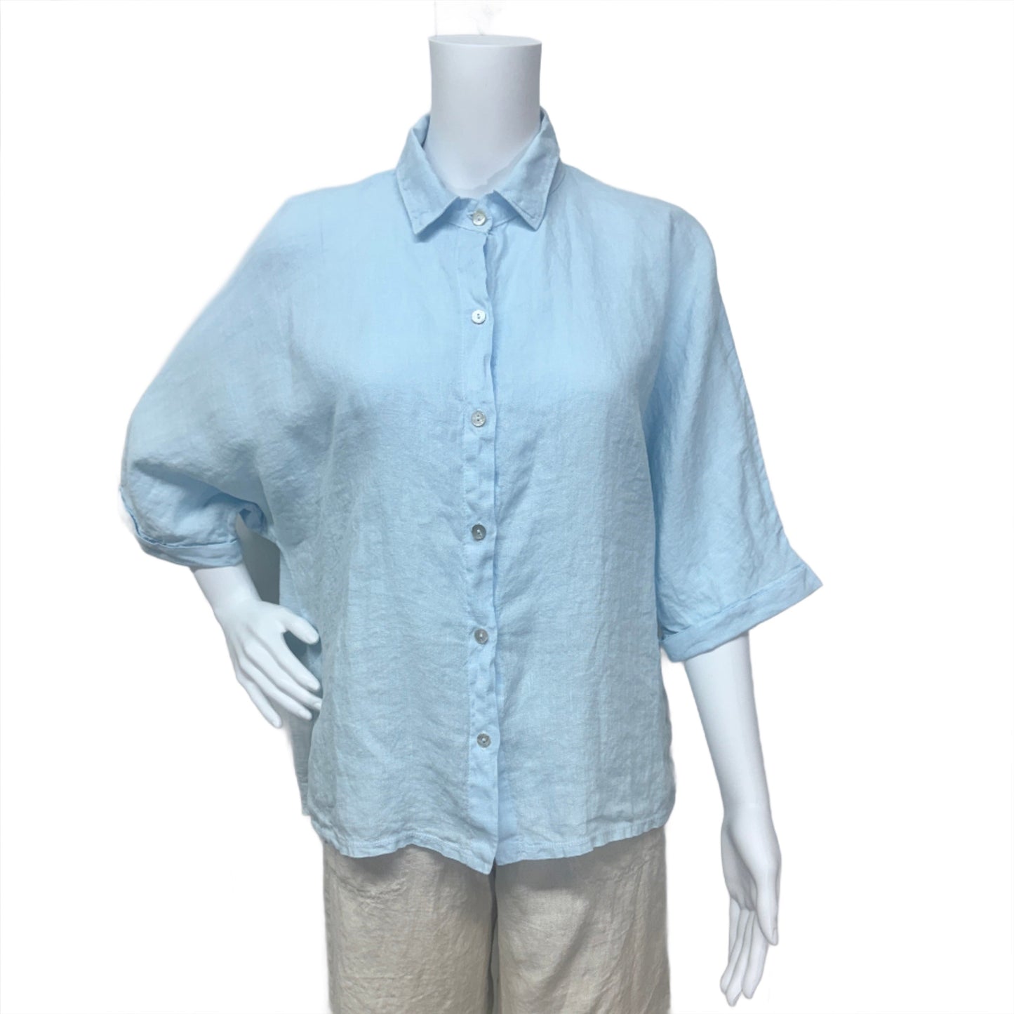 Cut Loose Dolman Sleeve Button Up at Victoria Susan Wearable Art. Women's Clothing Boutique in Camden SC. Linen and Jersey