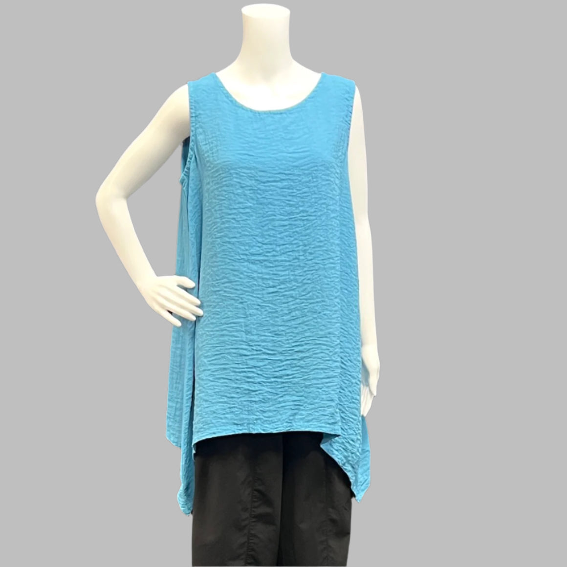 Travel Crinkle tank top by Eleven Stitch Design at Victoria Susan Wearable Art in Camden SC. Clothing Store for women offering ageless style clothes for ladies