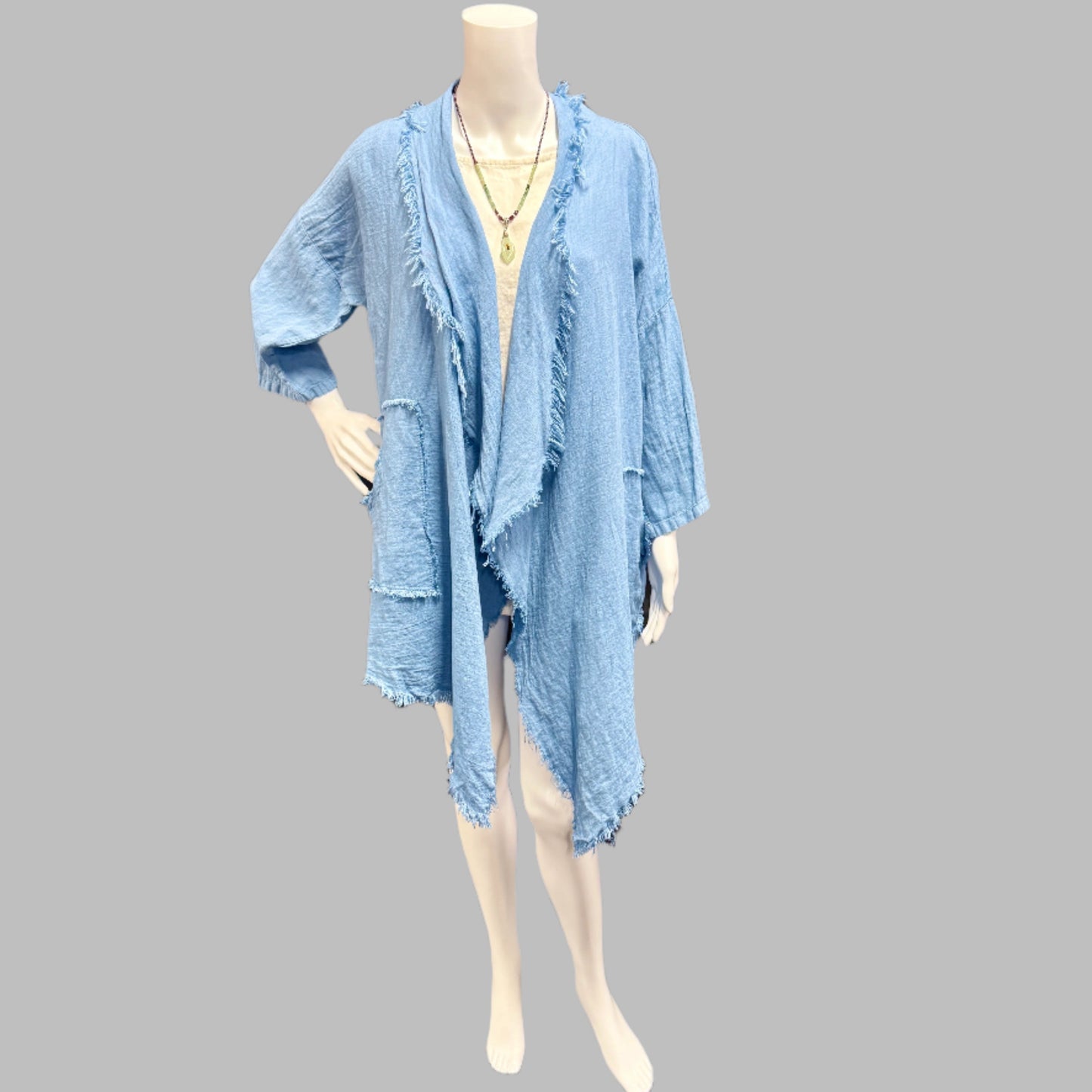 Frayed Midi Duster in Linen by Saga. Shop wearable art at Victoria Susan in Camden sc.