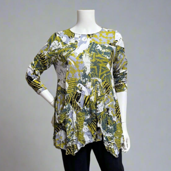 Mannequin at Victoria Susan Wearable Art in Camden SC wearing an Iris patterned top by Chalet et Ceci. Shop art to wear at Victoria Susan women's clothing boutique.
