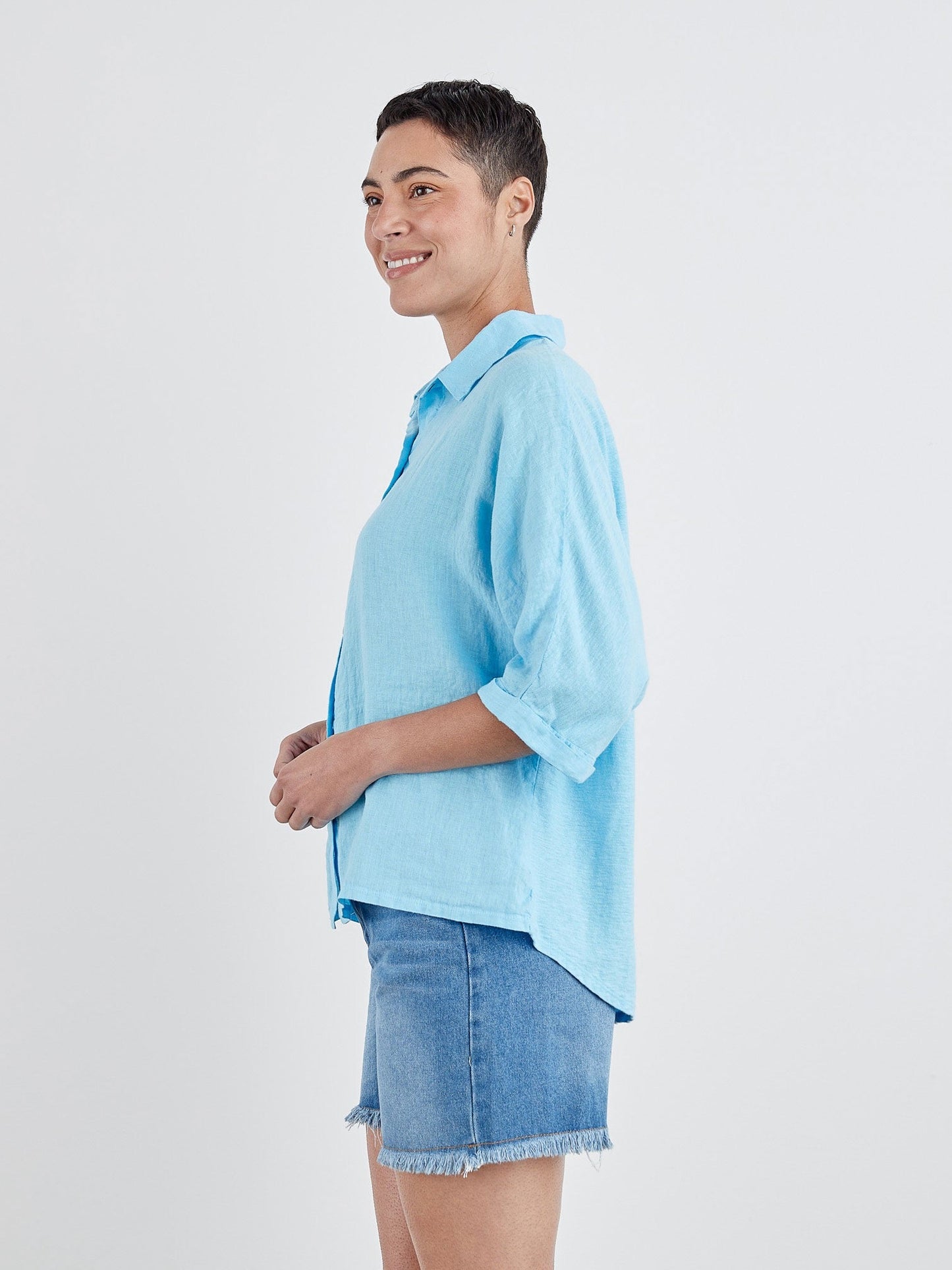 Cut Loose Dolman Sleeve Button Up at Victoria Susan Wearable Art. Women's Clothing Boutique in Camden SC. Linen and Jersey