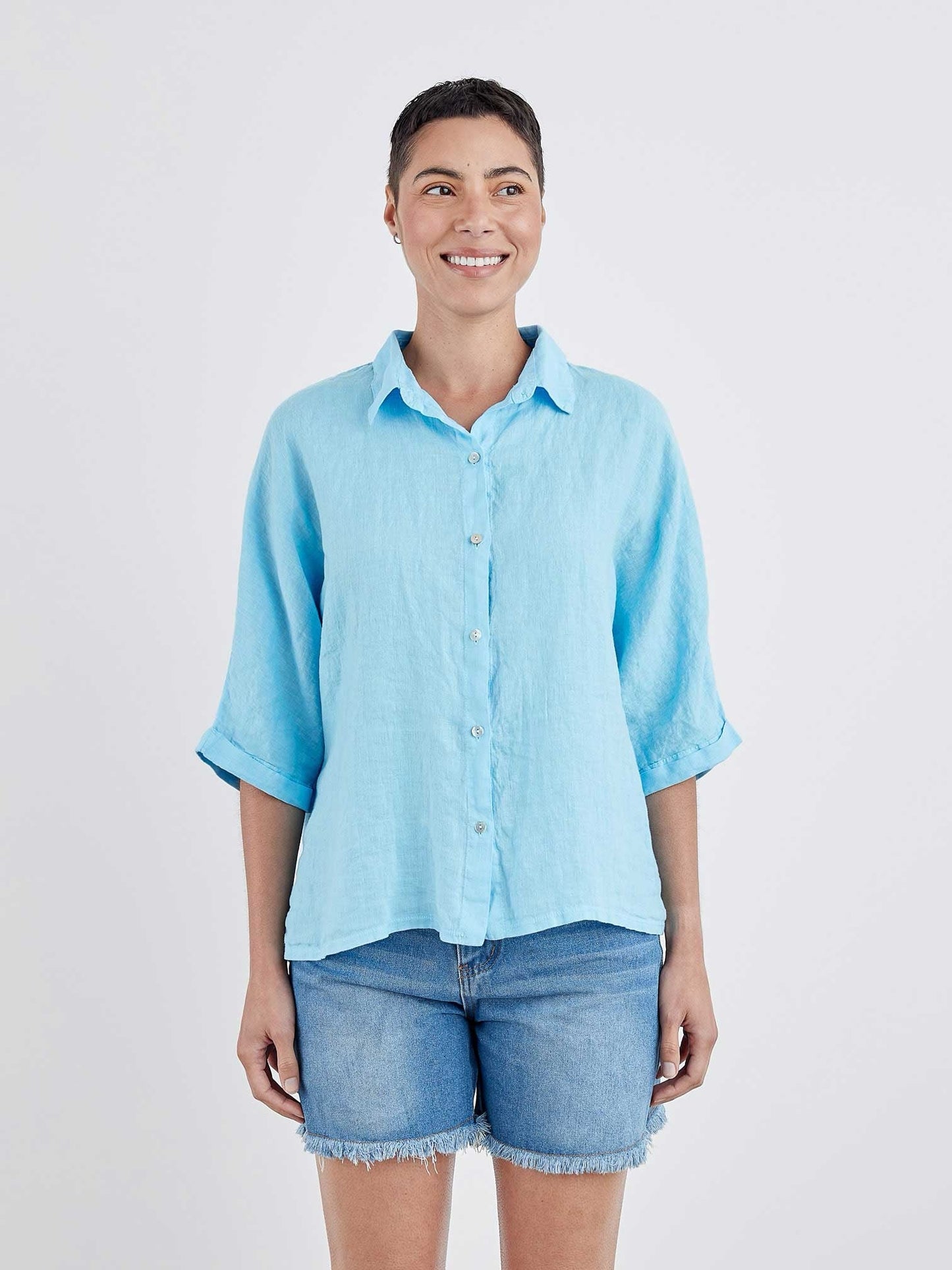 Cut Loose Dolman Sleeve Button Up at Victoria Susan Wearable Art. Women's Clothing Boutique in Camden SC. Linen and Jersey
