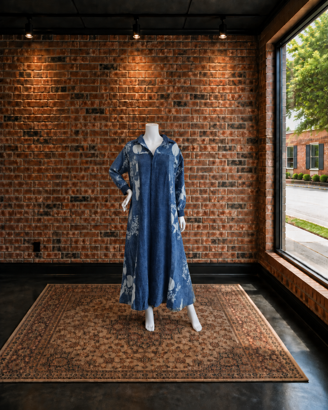 Long Duster with Bird Print in Natural Indigo Cotton