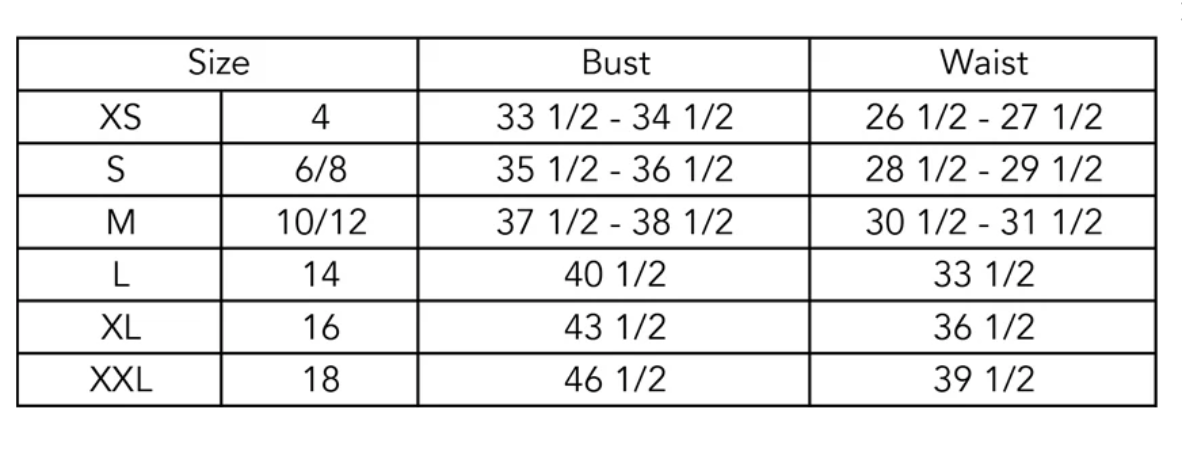 Size chart for clothing with bust and waist measurements.