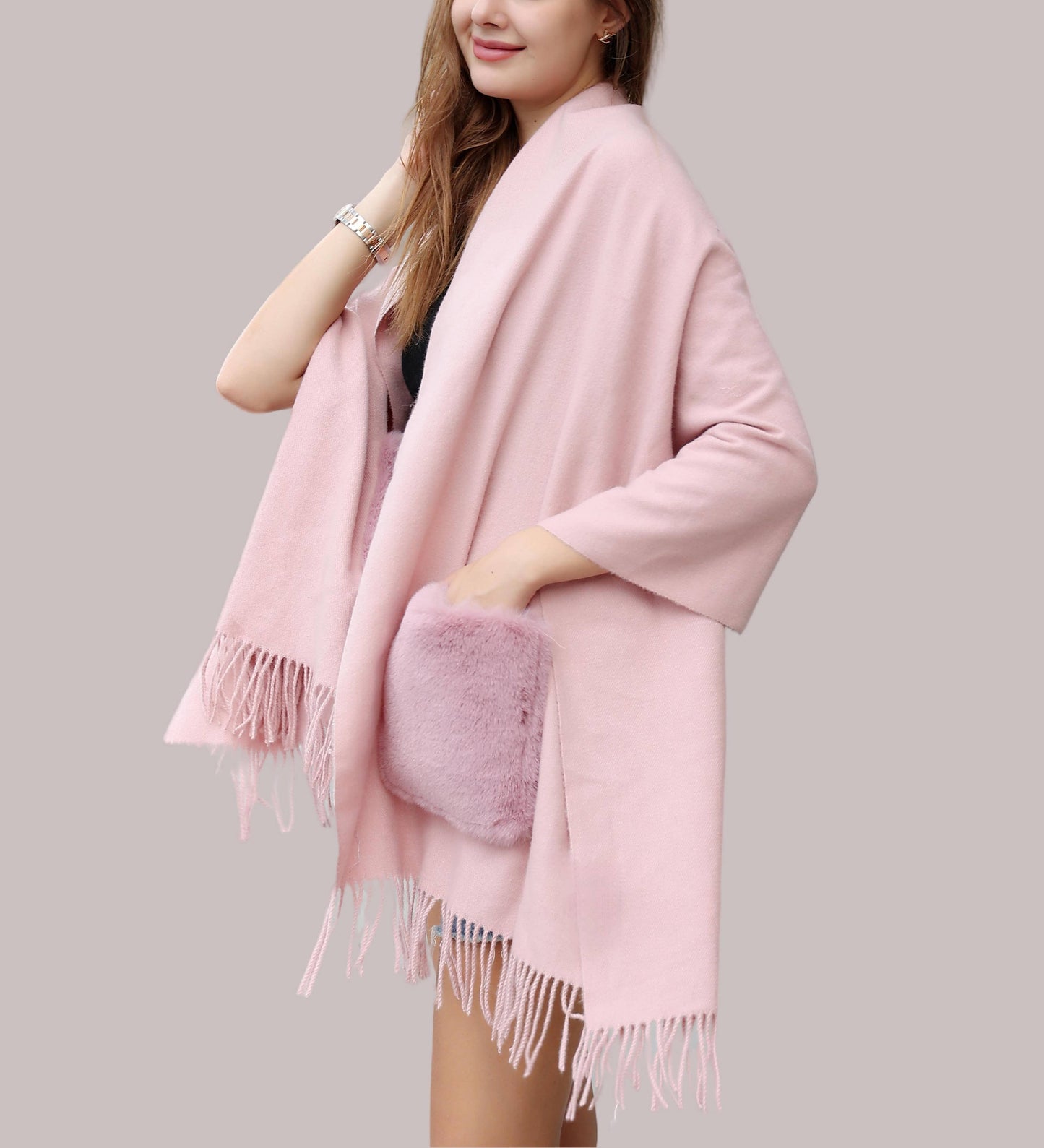 Cashmere Blend Scarf/Shawl with Fur Pockets