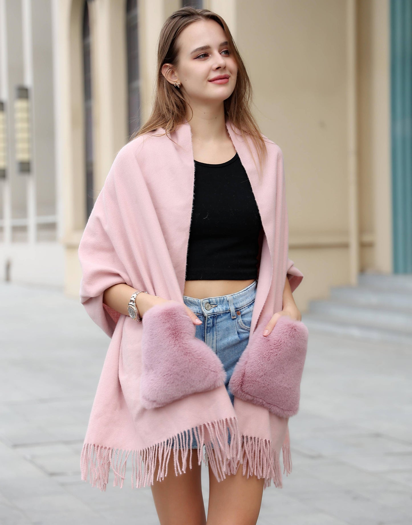 Cashmere Blend Scarf/Shawl with Fur Pockets