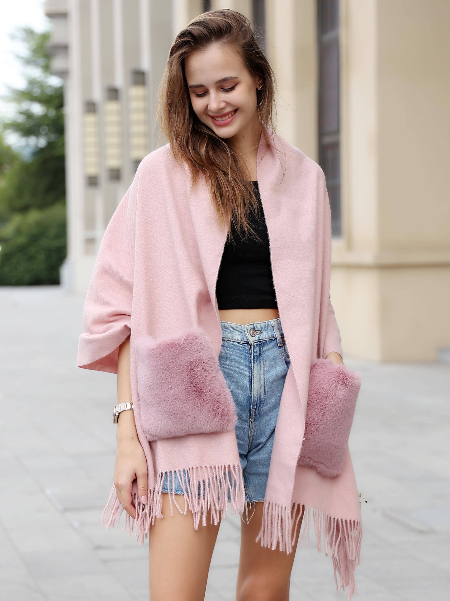 Cashmere Blend Scarf/Shawl with Fur Pockets