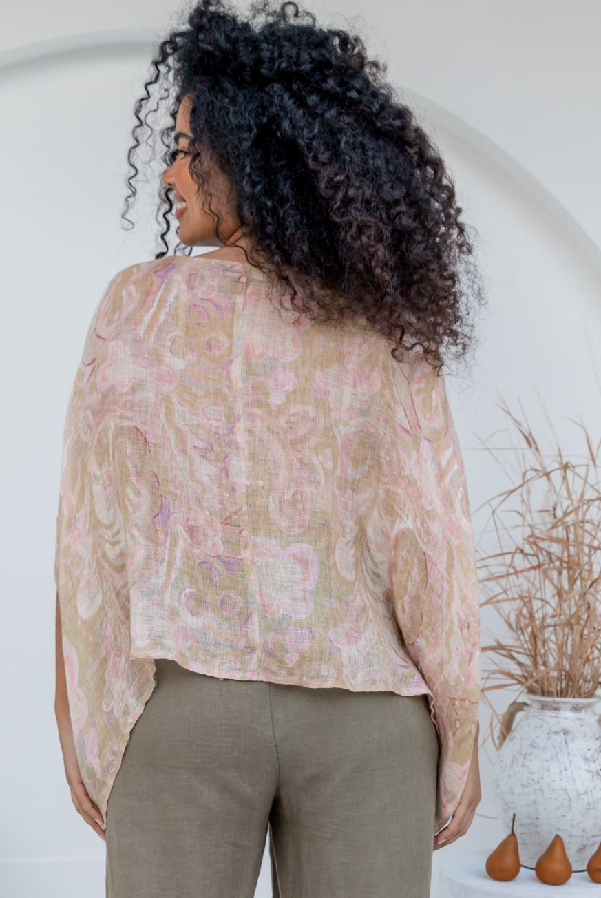 Venice Floral Print Top in Raw Linen by KVL Limited Edition Collection at Victoria Susan Wearable Art