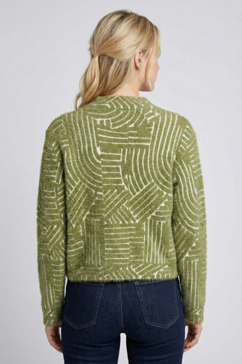 Abstract Line Grid Cropped Cozy Cardigan in Olive Grove by APNY