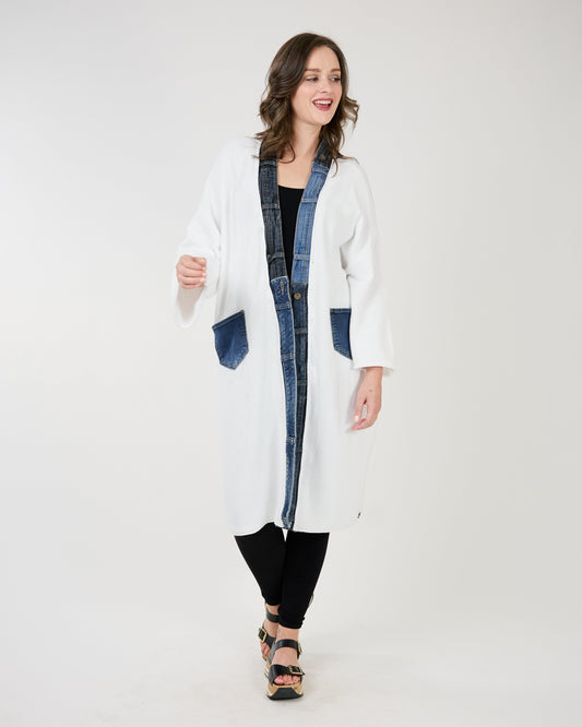 Evelina Cardigan in White Up-cycled Denim and Yarn by Shannon Passero