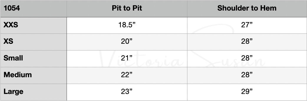 Measurement chart for pit to pit and shoulder to hem distances in inches.