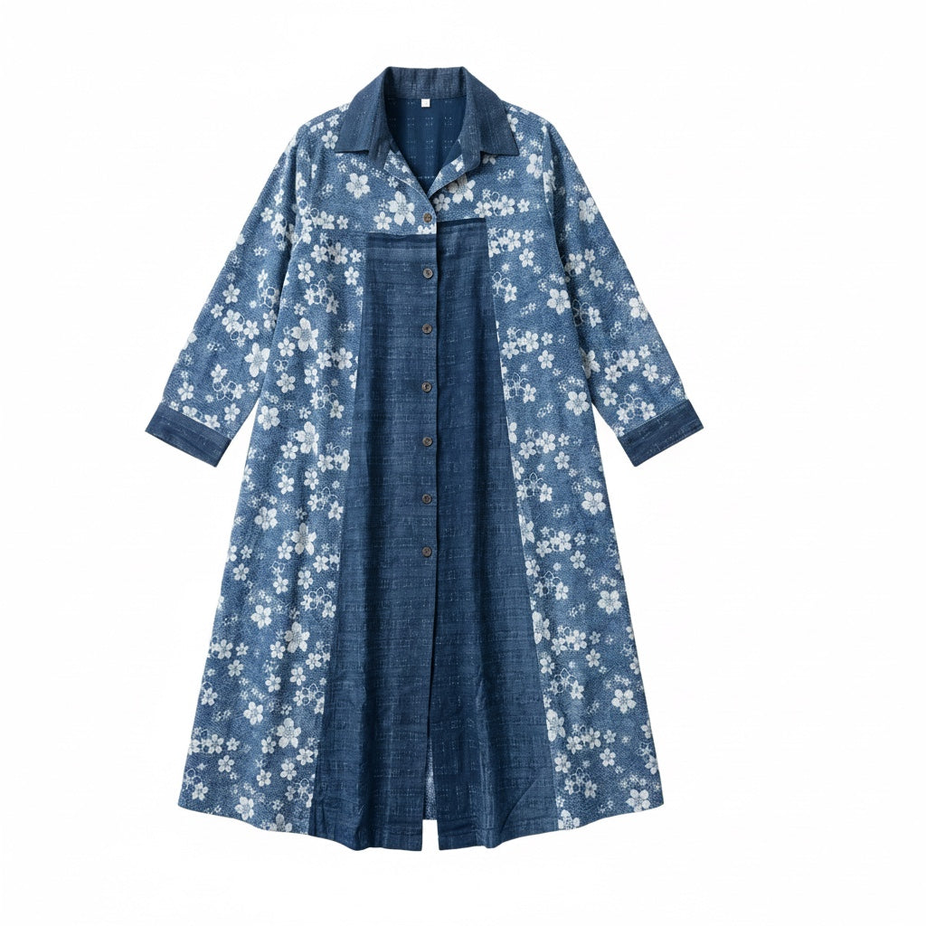 Long Duster with Floral Print in Natural Indigo Cotton