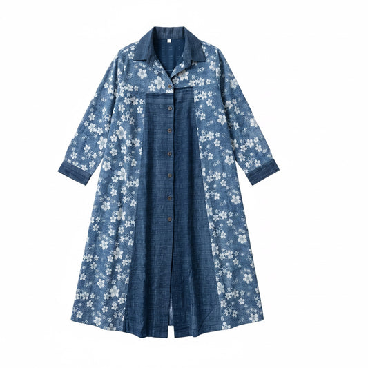 Long Duster with Floral Print in Natural Indigo Cotton
