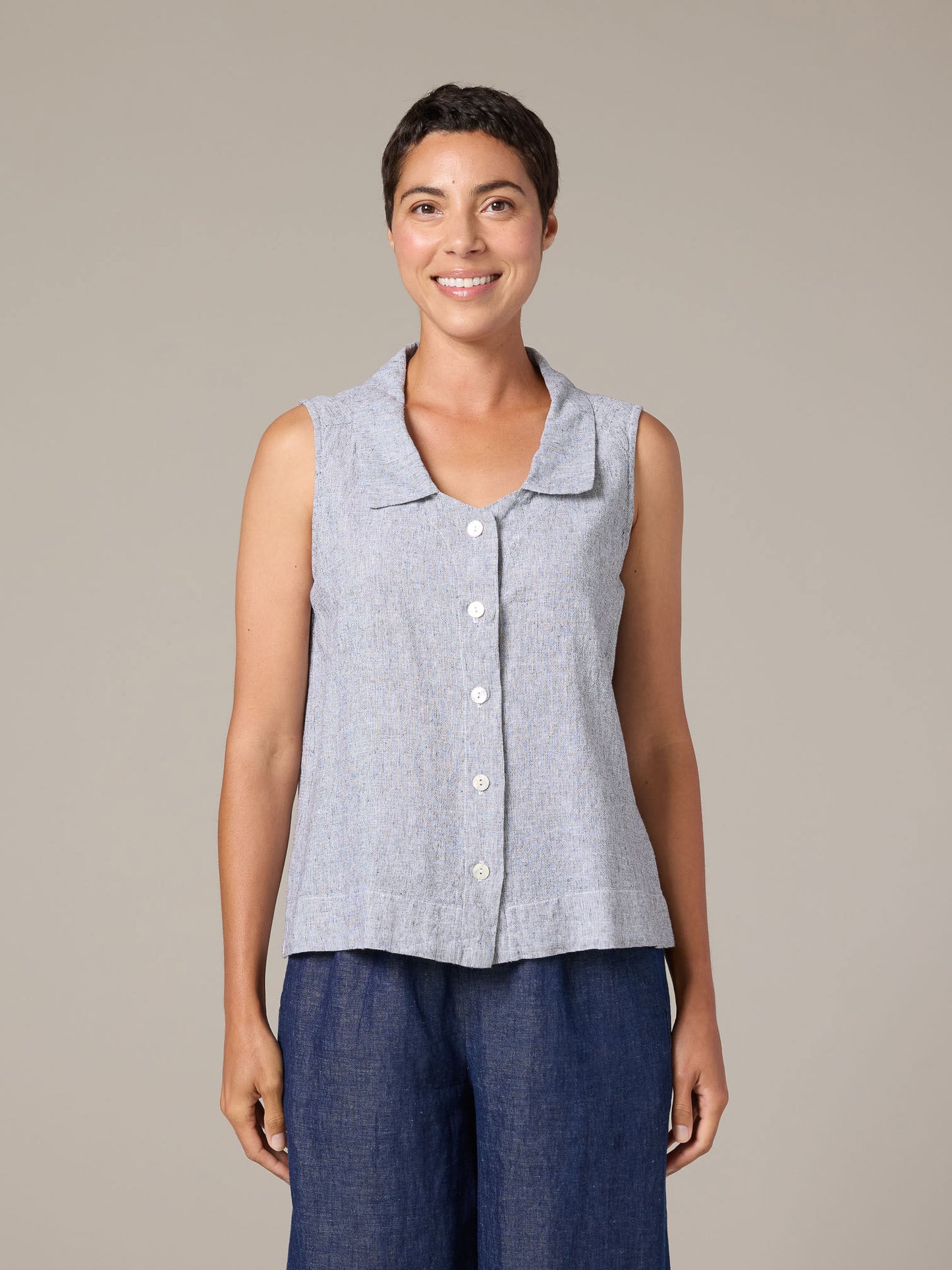 Sleeveless Shirt in Crosshatch Linen Cotton by Cut-Loose
