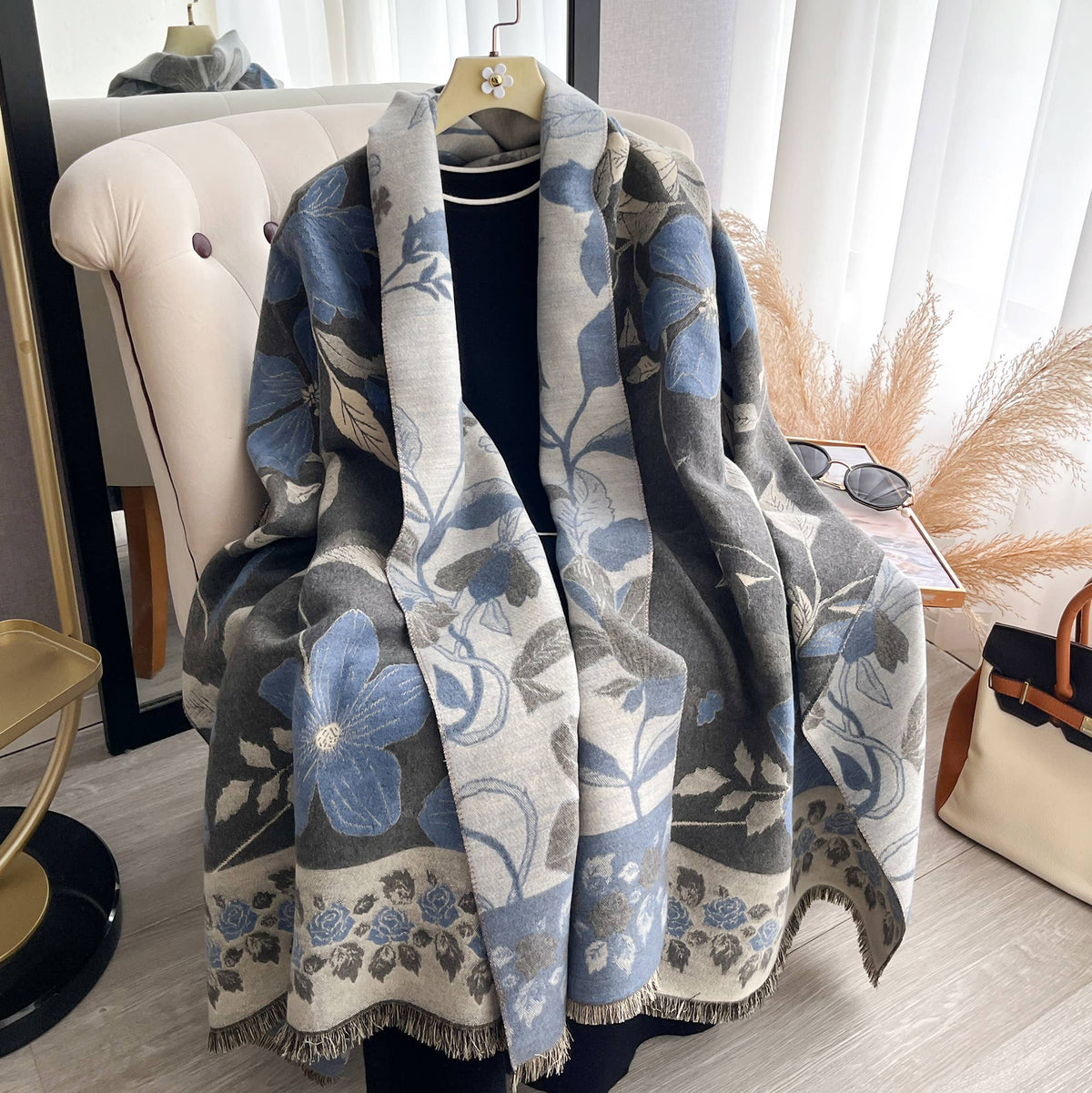 Vintage Floral Reversible Wrap in Blue & Gray by Winding River