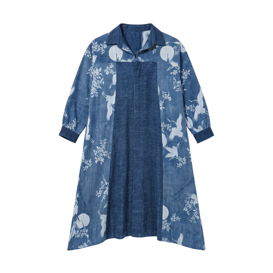 Long Duster with Bird Print in Natural Indigo Cotton