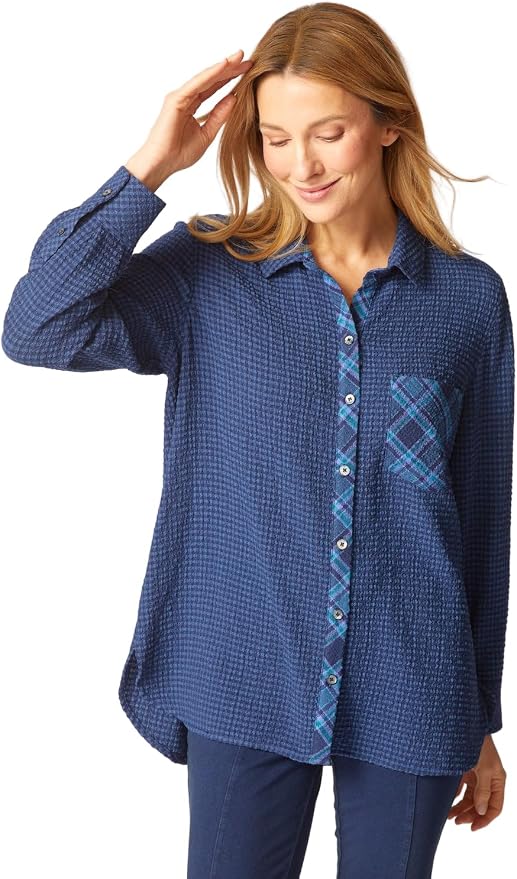 Textured Button Front Shirt with Plaid Detail by Habitat