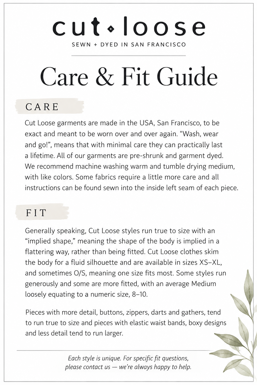 Care and Fit Guide page from Cut Loose, detailing care instructions and sizing information for their pre-shrunk and garment dyed garments.