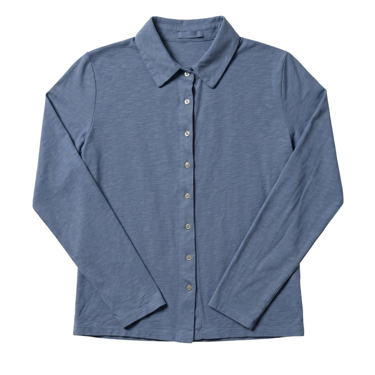 A slate blue long-sleeve button-up shirt with a pointed collar, laid flat against a solid white background.