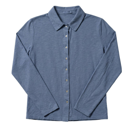 A slate blue long-sleeve button-up shirt with a pointed collar, laid flat against a solid white background.