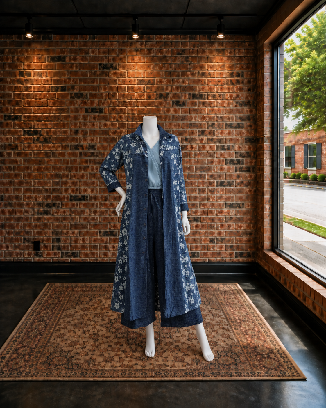 Long Duster with Floral Print in Natural Indigo Cotton