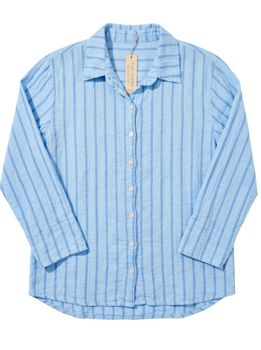 Crop Easy Shirt in Stripe Linen by Cut-Loose | CLOSEOUT