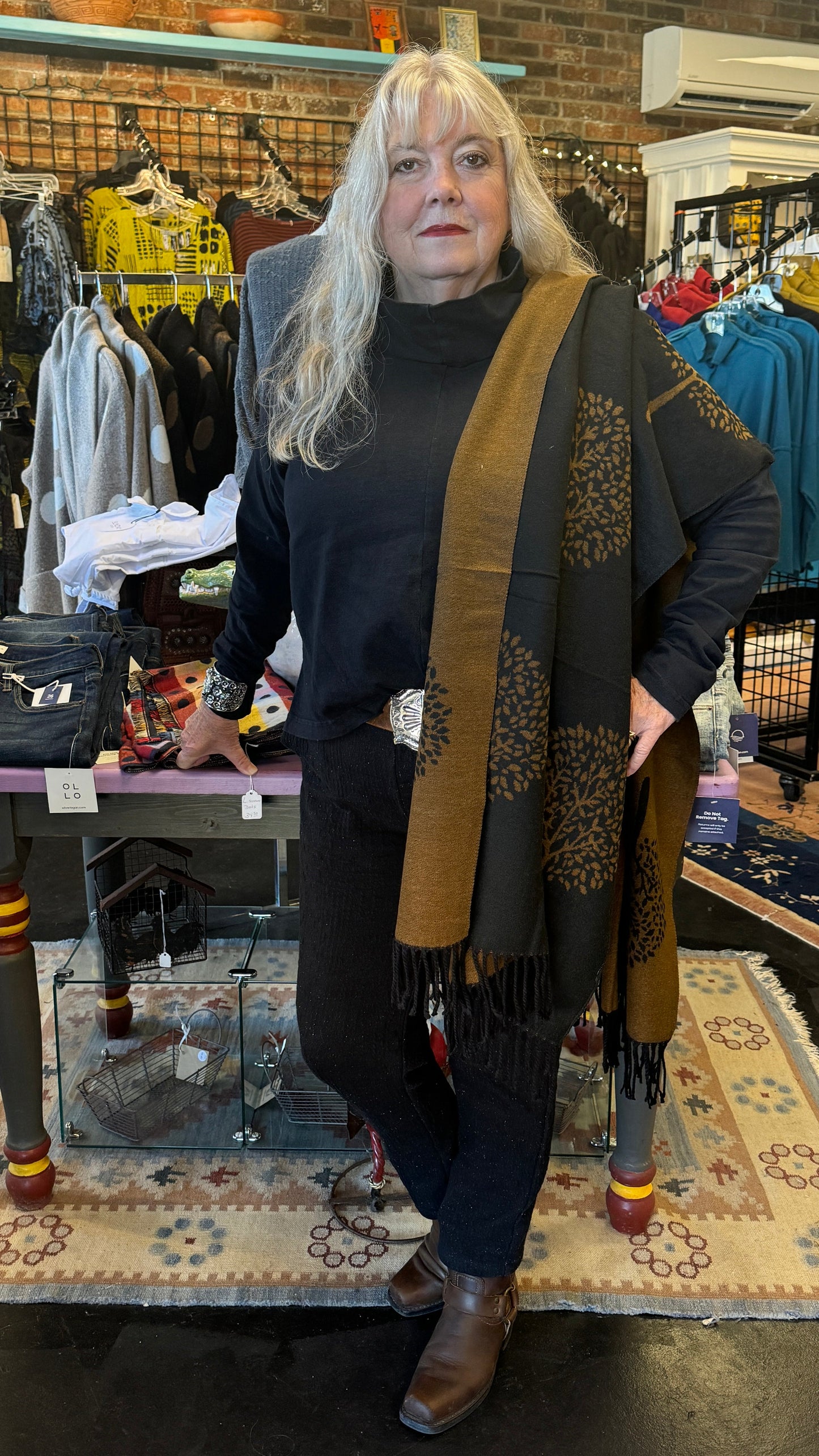 Taos mock neck heavier cotton shirt by Pacificotton.  Bryn Walker at Victoria Susan Wearable Art in Downtown Camden SC