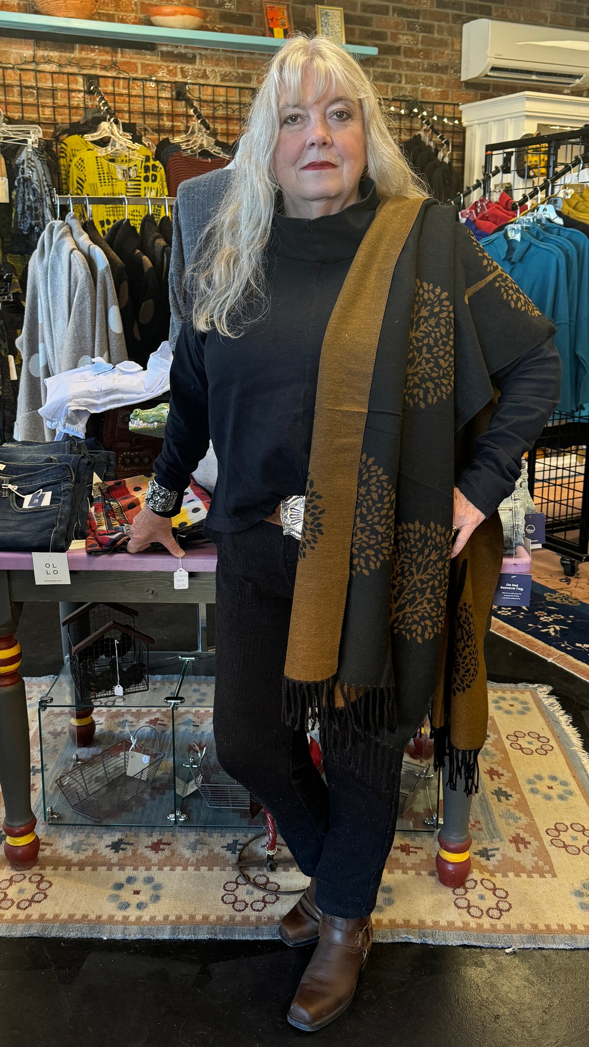 Taos mock neck heavier cotton shirt by Pacificotton.  Bryn Walker at Victoria Susan Wearable Art in Downtown Camden SC