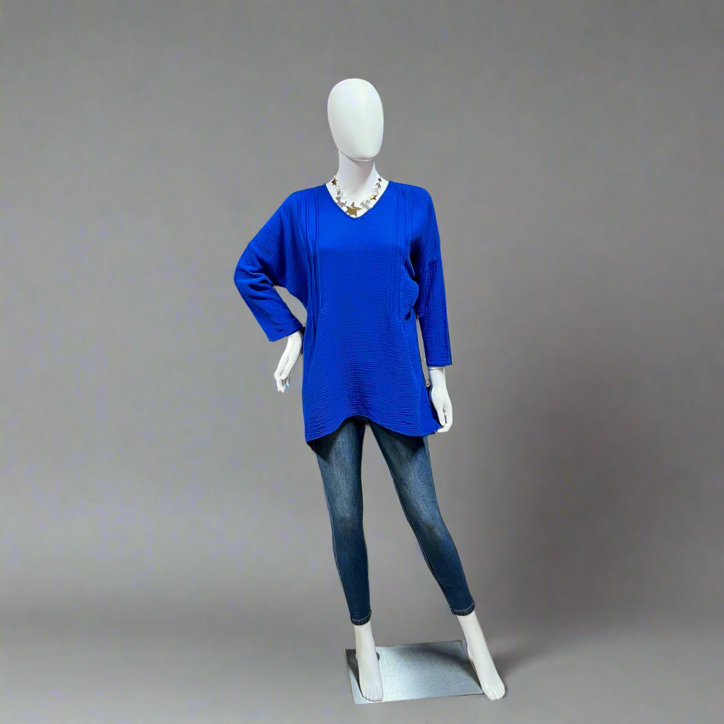 Mannequin wearing a blue cotton gauze and jeans my Kleen.  Shop women's clothing and wearable art at Victoria Susan in Camden, SC. 