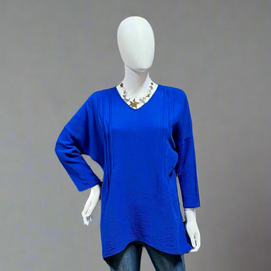 Mannequin wearing a blue cotton gauze by Kleen. Shop women's clothing and wearable art at Victoria Susan in Camden SC. 