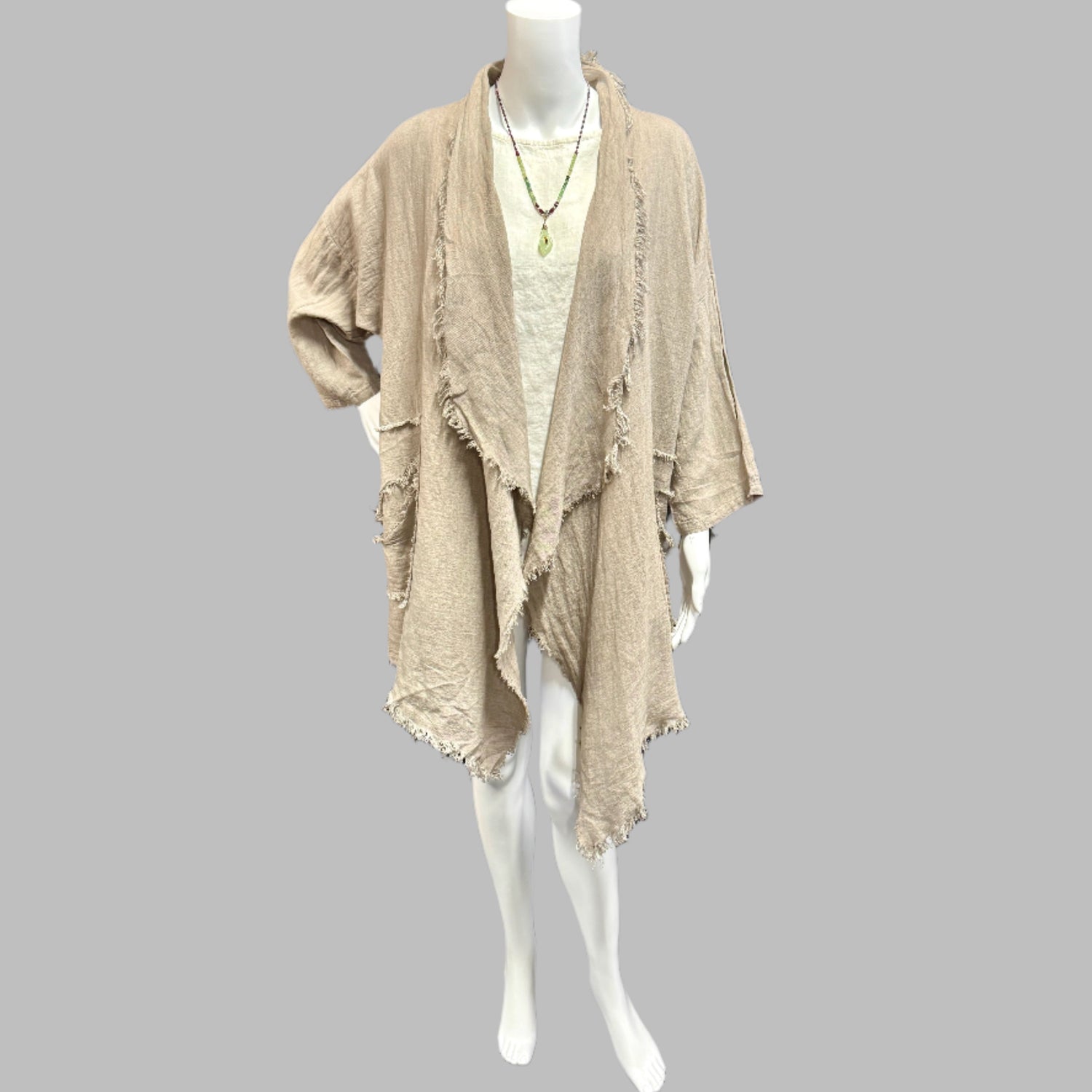 Frayed Midi Duster in Linen by Saga.  Shop wearable art at Victoria Susan in Camden sc. 
