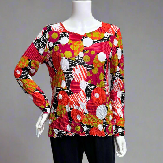Colorful patterned top in Peony by Chalet et Ceci on a mannequin at Victoria Susan Wearable Art in Camden, SC 