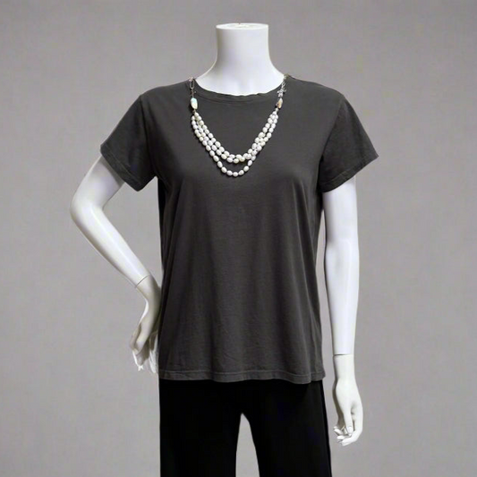 Mannequin wearing a graphite  gray t-shirt  by Prairie Cotton with a necklace at Victoria Susan in Camden SC