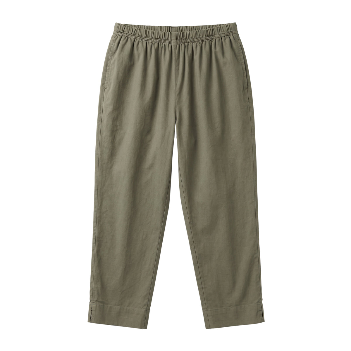 A pair of olive green cropped pants with an elastic waistband, displayed flat against a solid white background.