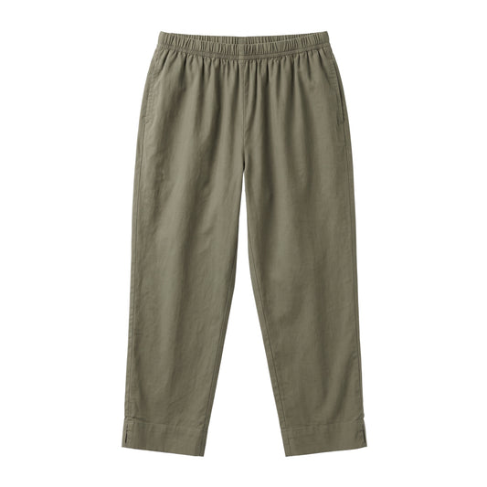 A pair of olive green cropped pants with an elastic waistband, displayed flat against a solid white background.