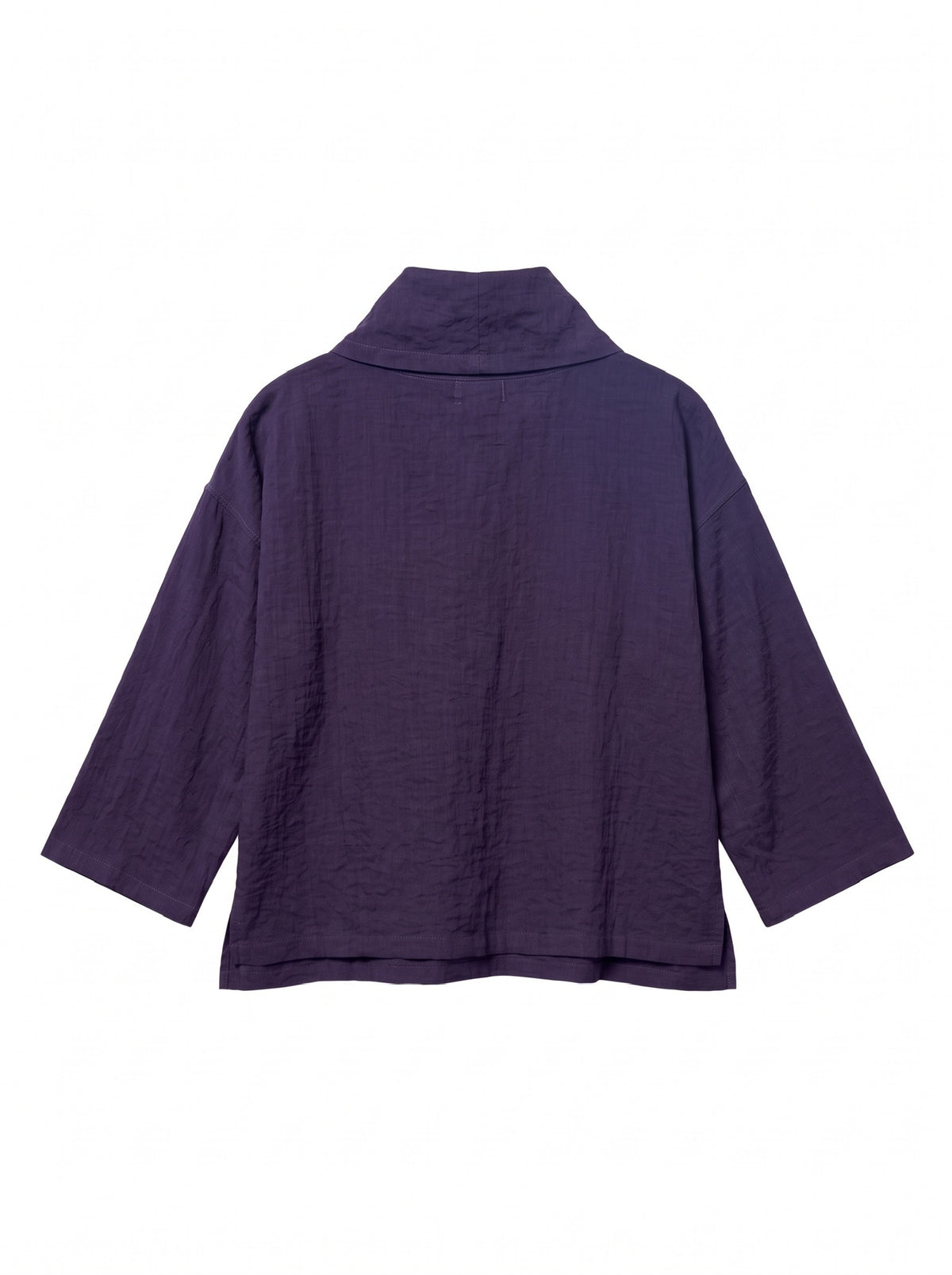 A dark purple crinkled cotton Eleven Stitch shirt with three-quarter sleeves and a high collar, shown from the back on a white background.