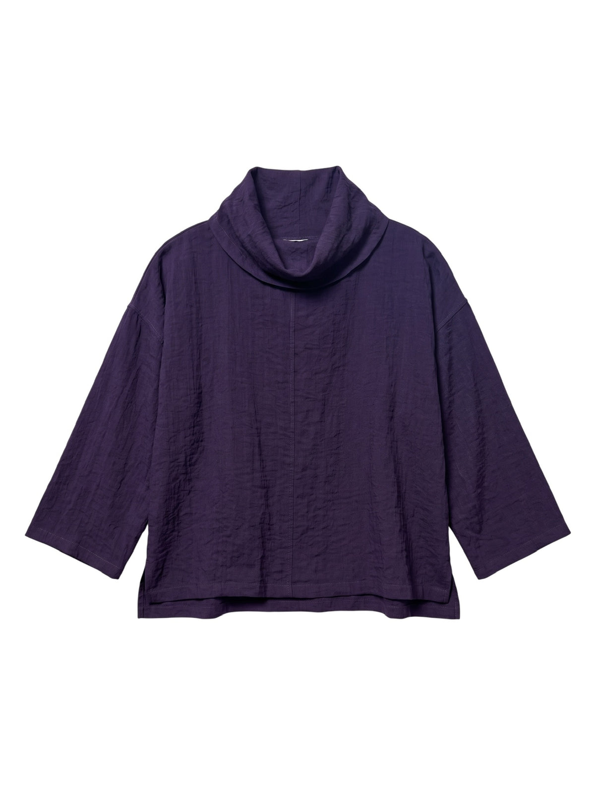 A dark purple crinkled cotton top with a wide cowl neck and three-quarter sleeves, displayed flat against a solid white background. eleven Stitch design at victoria Susan in camden sc