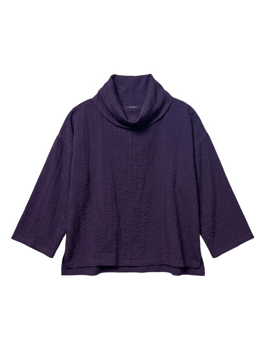 A dark purple crinkled cotton top with a wide cowl neck and three-quarter sleeves, displayed flat against a solid white background. eleven Stitch design at victoria Susan in camden sc