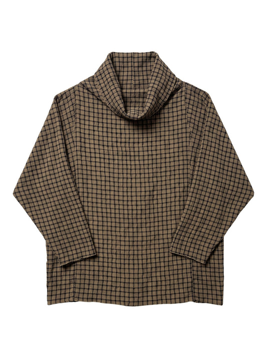 One Size Cowl Neck Crinkle Plaid Pullover by Cut-Loose