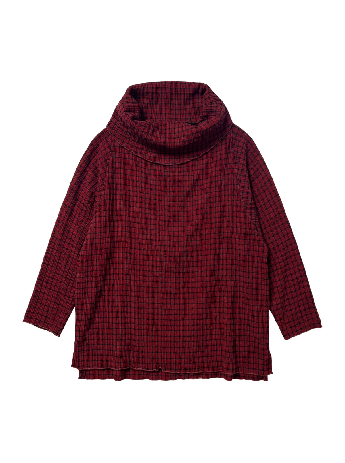 One Size Cowl Neck Crinkle Plaid Pullover by Cut-Loose
