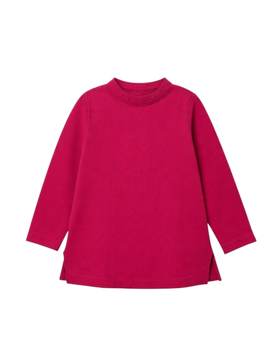 A bright magenta long-sleeve tunic top with a ribbed mock neck, displayed flat against a solid white background.