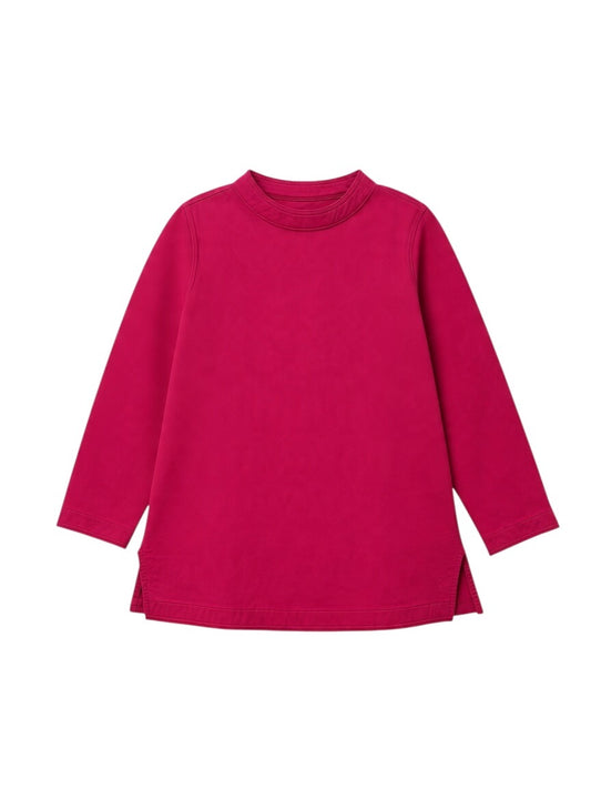 A bright magenta long-sleeve tunic top with a ribbed mock neck, displayed flat against a solid white background.