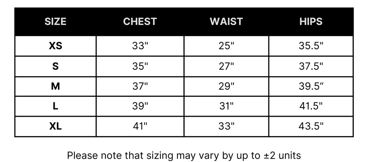 A sizing chart table showing size options XS through XL with chest, waist, and hip measurements in inches, plus a note below stating sizing may vary by up to ±2 units.