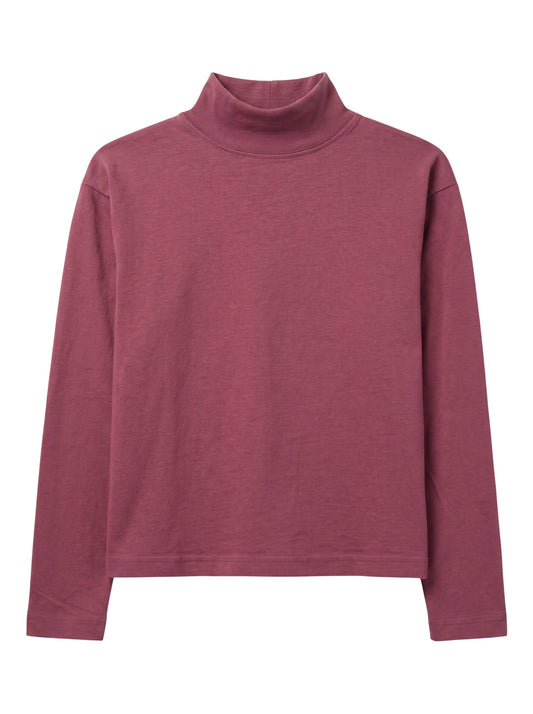 A long-sleeve turtleneck sweater in a dusty rose or mauve color, presented flat against a solid white background.