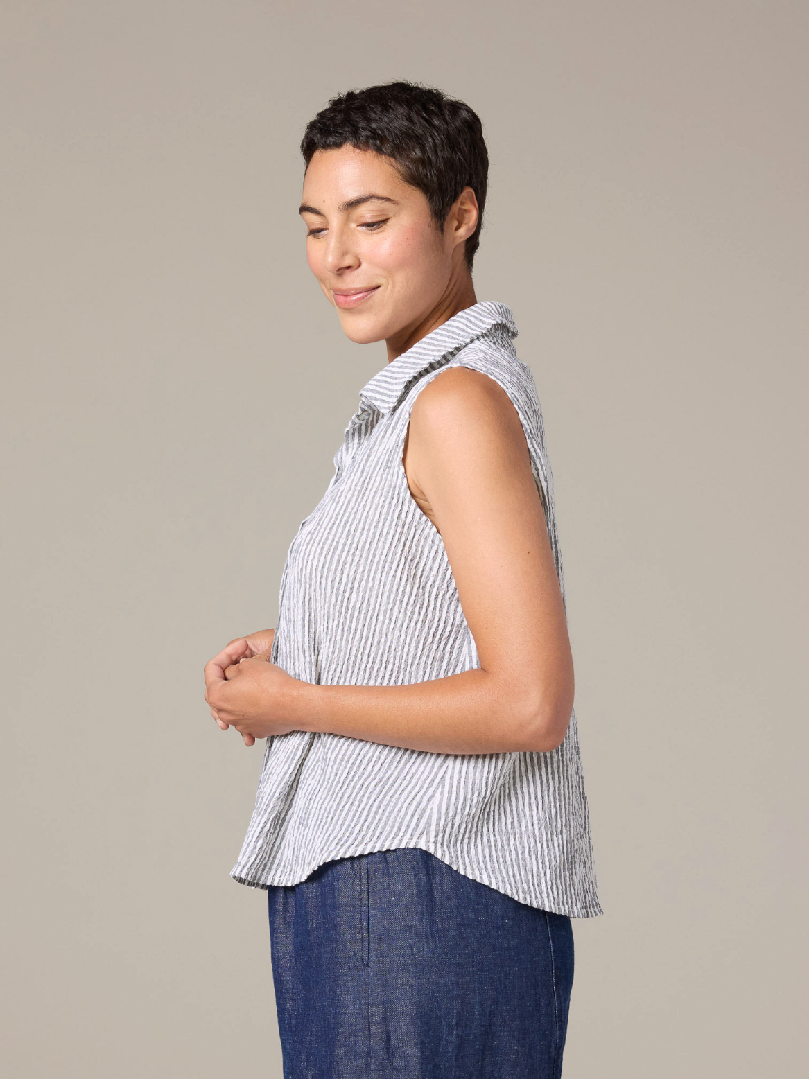 Sleeveless Shirt in Grey Stripe Cotton Crinkle Seersucker by Cut-Loose